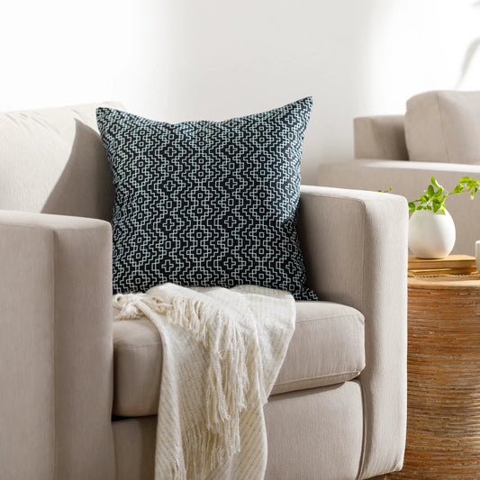 Milwaukee Pillow - 481668 by Livabliss in onyx, light silver, pewter, slate blue. Made from front: 100% polyester, back: 100% polyester in a modern style.