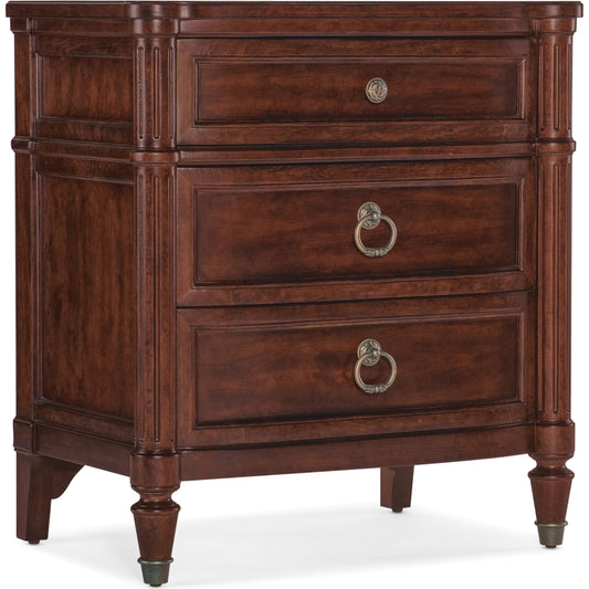 Charleston Three-Drawer Nightstand by Hooker Furniture. Made from cherry, maple veneers, metal, solid-wood edge top in a traditional style.
