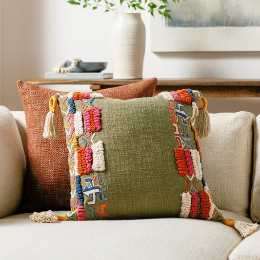 Mystic Pillow - 17050 by Surya in dusty sage, burnt orange, rose, camel, cream, navy. Made from 100% cotton in a eclectic & global style.