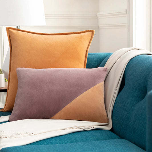 Moza Pillow - 14486 by Surya in eggplant, mauve, camel. Made from 100% cotton in a modern style.