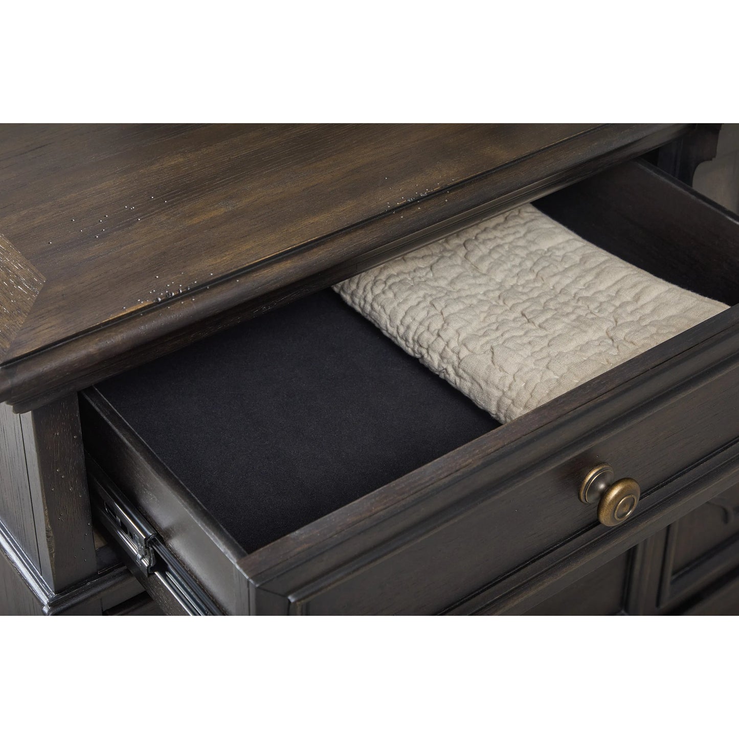 007 SI-2383569 | Closeup | Hickory Creek 10 Drawer Dresser by Pulaski Furniture in brown velvet. Made from split heart cathedral hickory veneers in a unique style.