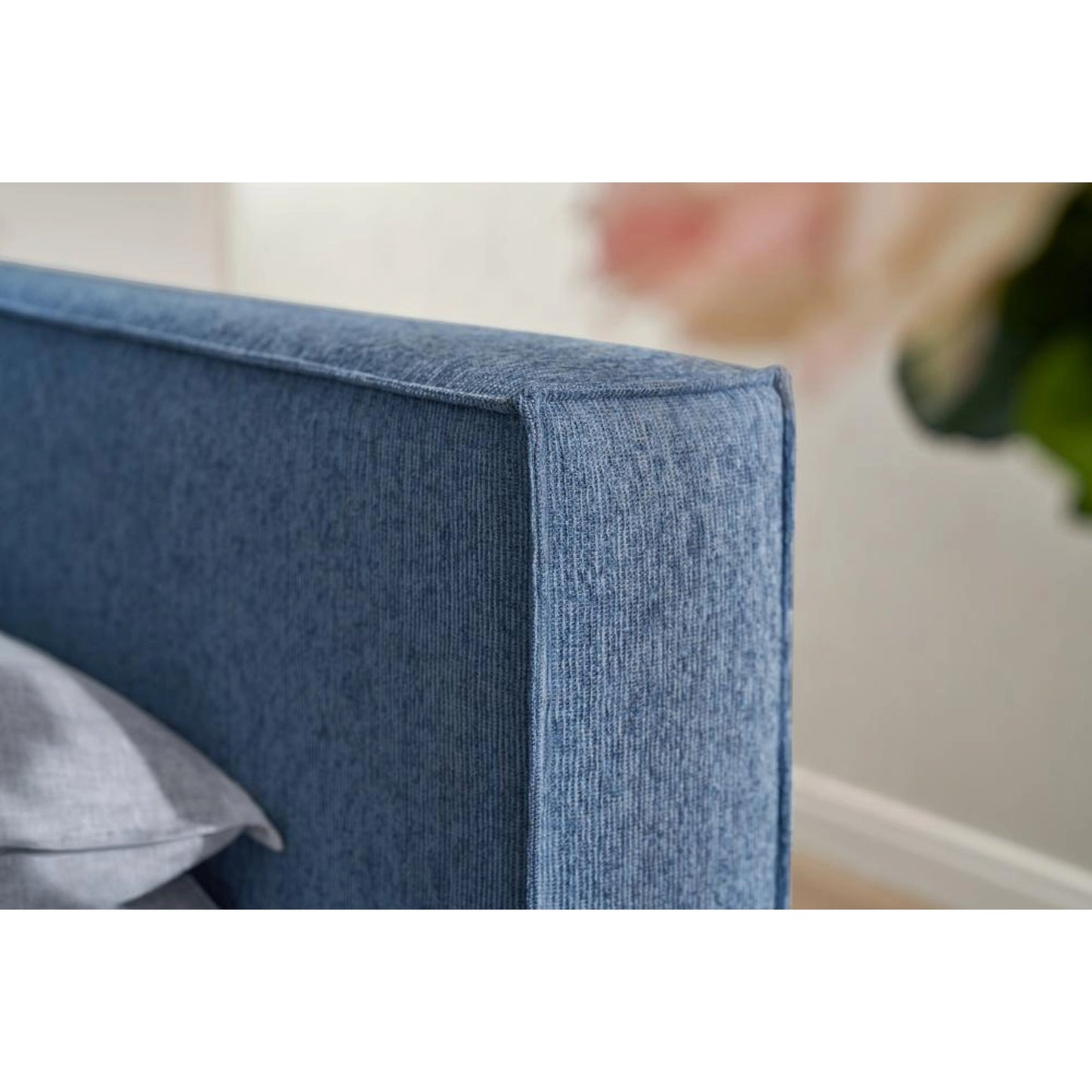 021 SI-2130649,SI-2130650 | Closeup | Zest Wide Upholstered Bed by Zest. Made from rubberwood, fabric in a modern style.