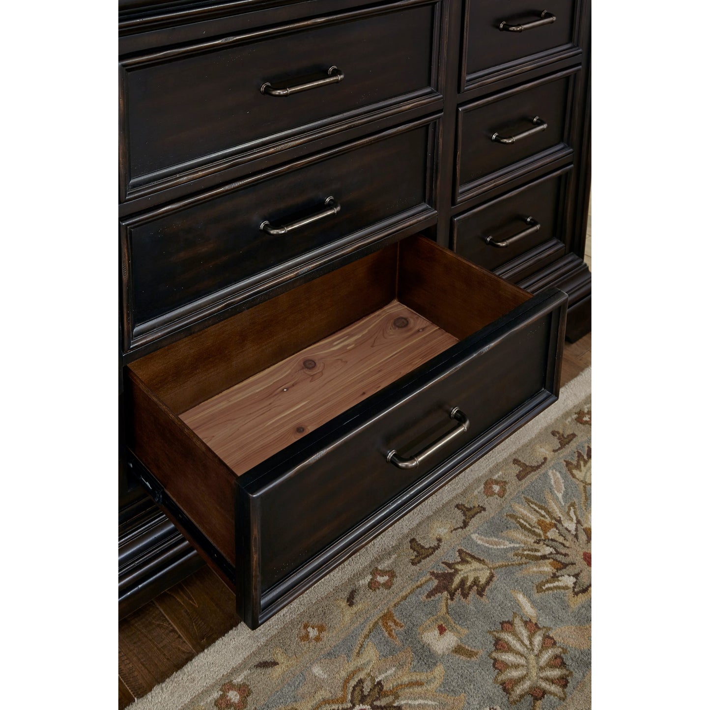 005 SI-2155451 | Closeup | Caldwell Dresser/Mirror by Pulaski Furniture in deep brown. Made from acacia veneers, asian hardwood in a traditional style.