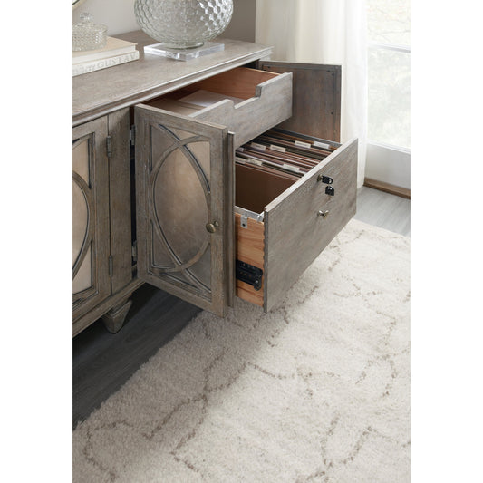 Rustic Glam Credenza by Hooker Furniture in soft white oak. Made from quartered white oak veneers, glass in a transitional style.