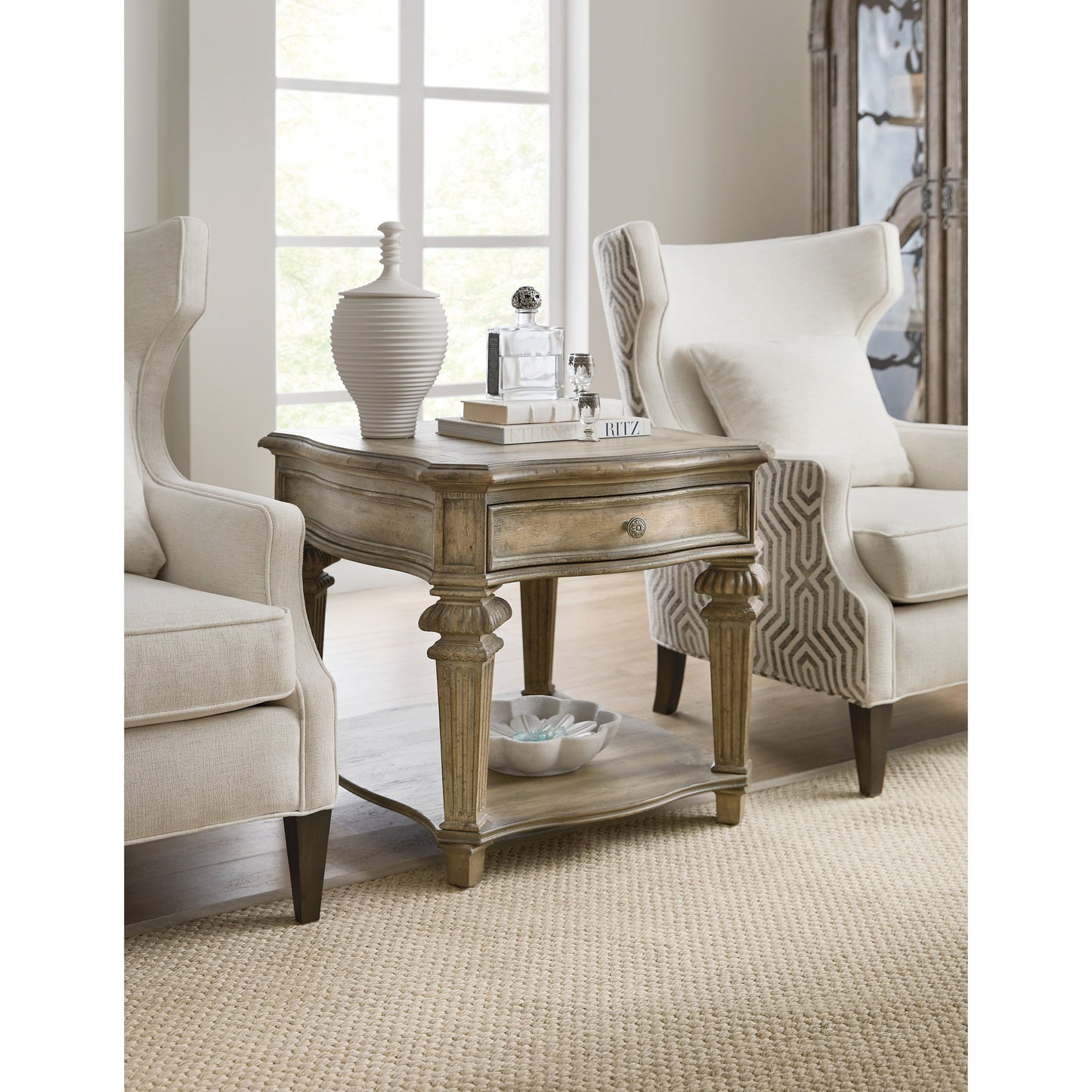 003 SI-1748573 | Lifestyle | Castella End Table by Hooker Furniture in antique slate. Made from pecan, quartered walnut, quartered black walnut, ash, maple veneers in a traditional style.