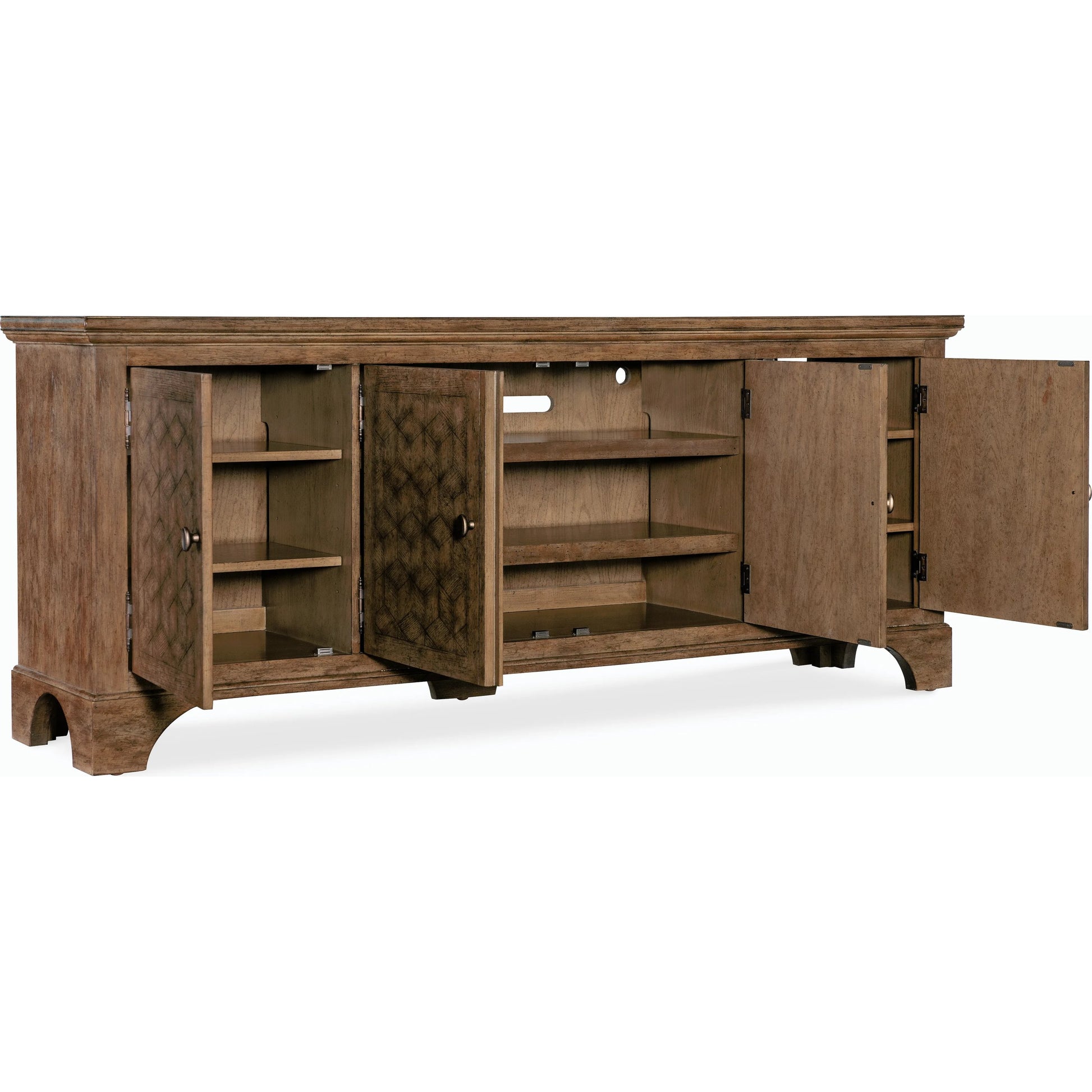 Americana Entertainment Credenza by Hooker Furniture in honey. Made from oak veneers with solid-wood edge top in a traditional style.