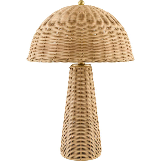 Naves Accent Table Lamp by Surya in metallic brass, beige, translucent and natural. Made from rattan, iron in a rustic style.