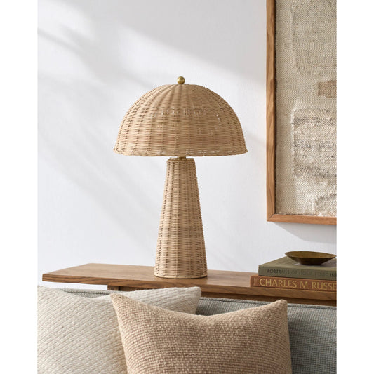 Naves Accent Table Lamp by Surya in metallic brass, beige, translucent and natural. Made from rattan, iron in a rustic style.
