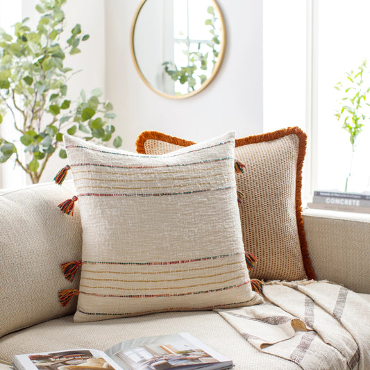 Newburgh Pillow - 32315 by Surya in ivory, bright red, orange, dark green. Made from front: 100% cotton, back: 100% cotton in a cottage & farmhouse style.