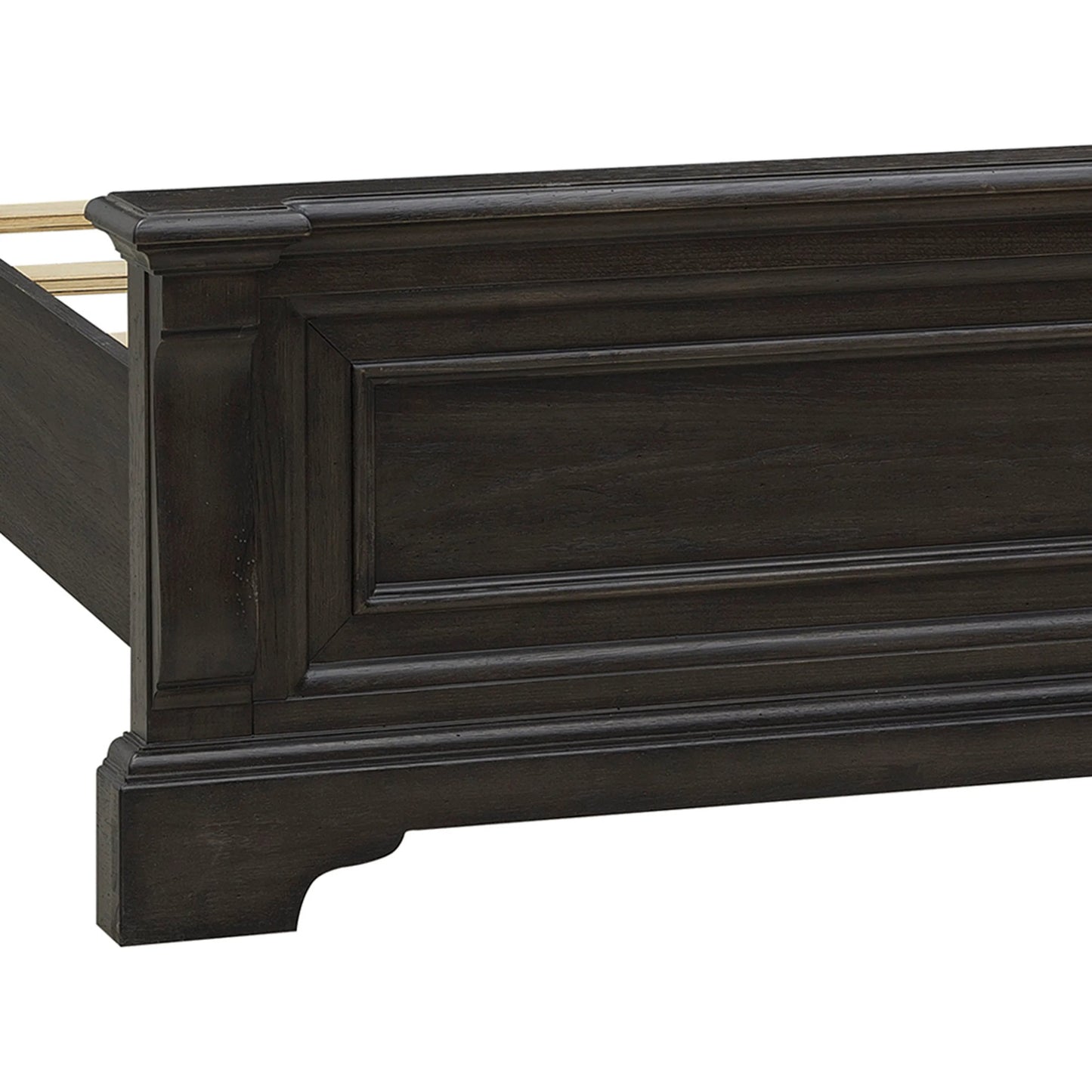 004 SI-2383563,SI-2383564,SI-2383565 | Closeup | Hickory Creek Panel Bed by Pulaski Furniture in brown velvet. Made from split heart cathedral hickory veneers in a unique style.