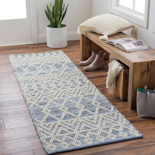 Nadine Rug by Livabliss in ivory, navy, dark blue. Made from main: 70% cotton, main: 30% wool in a cottage & farmhouse style.