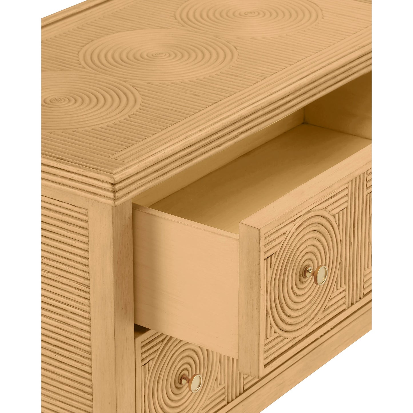 026 SI-1894521 | Additional Silo | Santos 2-Drawer Chest by Currey and Company. Made from mahogany, rattan, brass, glass in a transitional style.