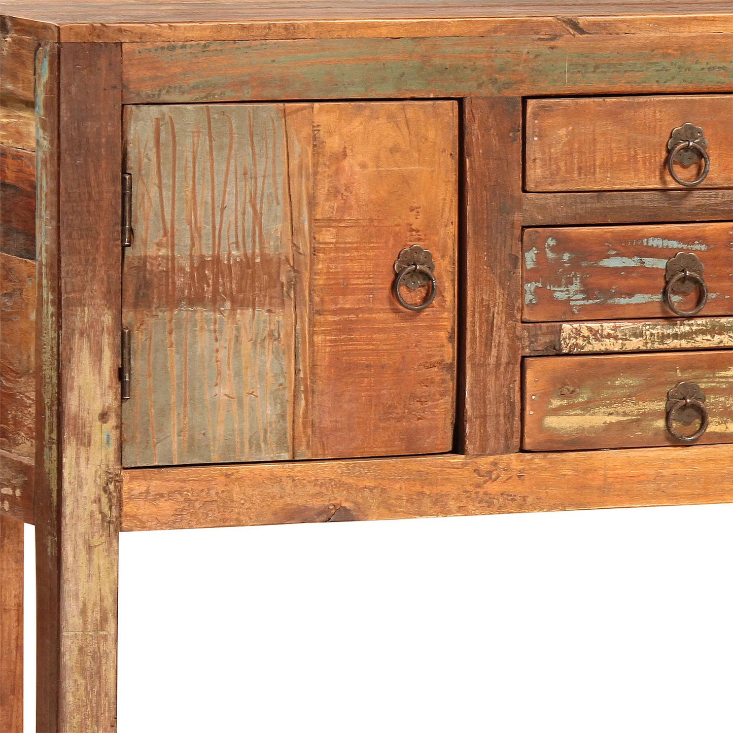 002 SI-2351171 | Closeup | Nantucket Console Table by Arch & Plane in antique wood sealed finish. Made from reclaimed hardwood in a traditional style.