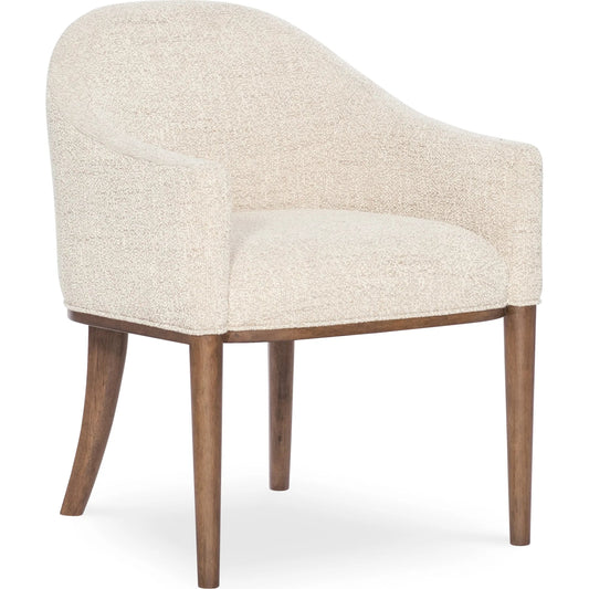 Eleana Upholstered Arm Chair by Hooker Furniture in beige and light caramel, quartered walnut veneers. Made from wood, fabric in a transitional style.