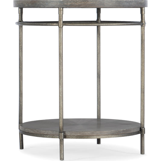 Round End Table by Hooker Furniture in medium natural acacia. Made from acacia veneers with metal tubing, metal sheet in a modern style.