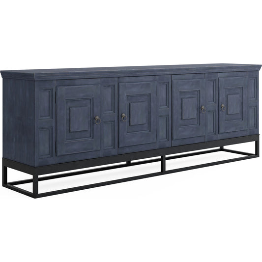Alcove Entertainment Console by A.R.T. Furniture in slate, burnished brass. Made from acacia solids, maple veneers, iron in a transitional style.