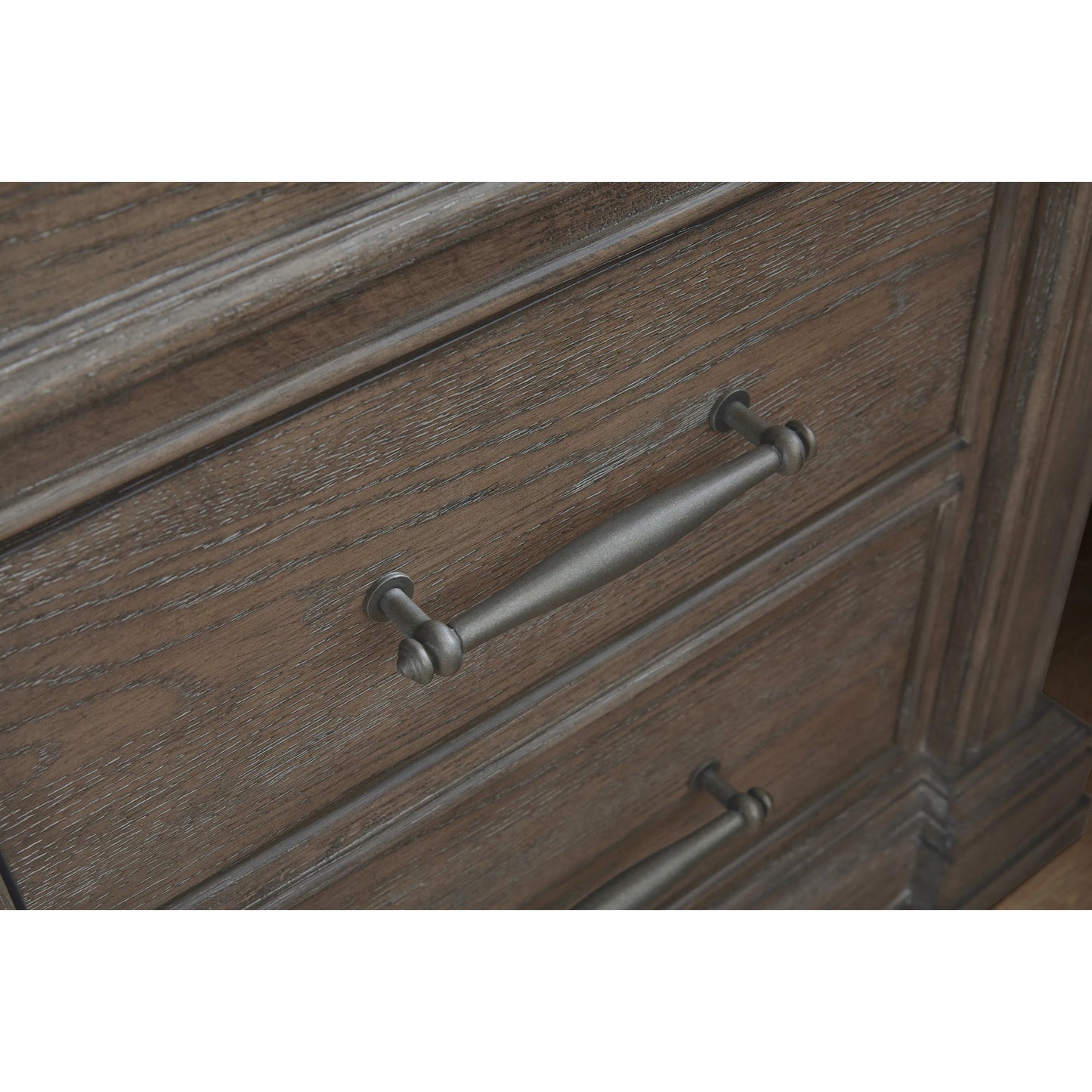 005 SI-2383584 | Closeup | Madison Ridge 3 Drawer Nightstand by Pulaski Furniture in natural bark. Made from flat-cut white oak wood veneers in a unique style.