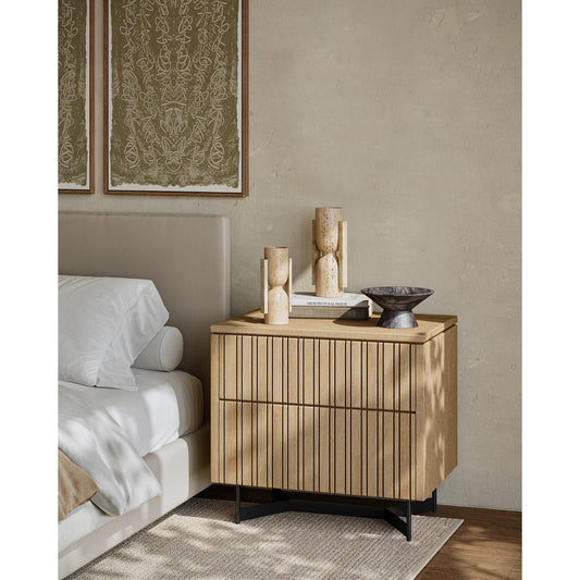 Indeo Nightstand by Currey and Company in washed oak. Made from white oak solids, veneers, iron in a modern style.