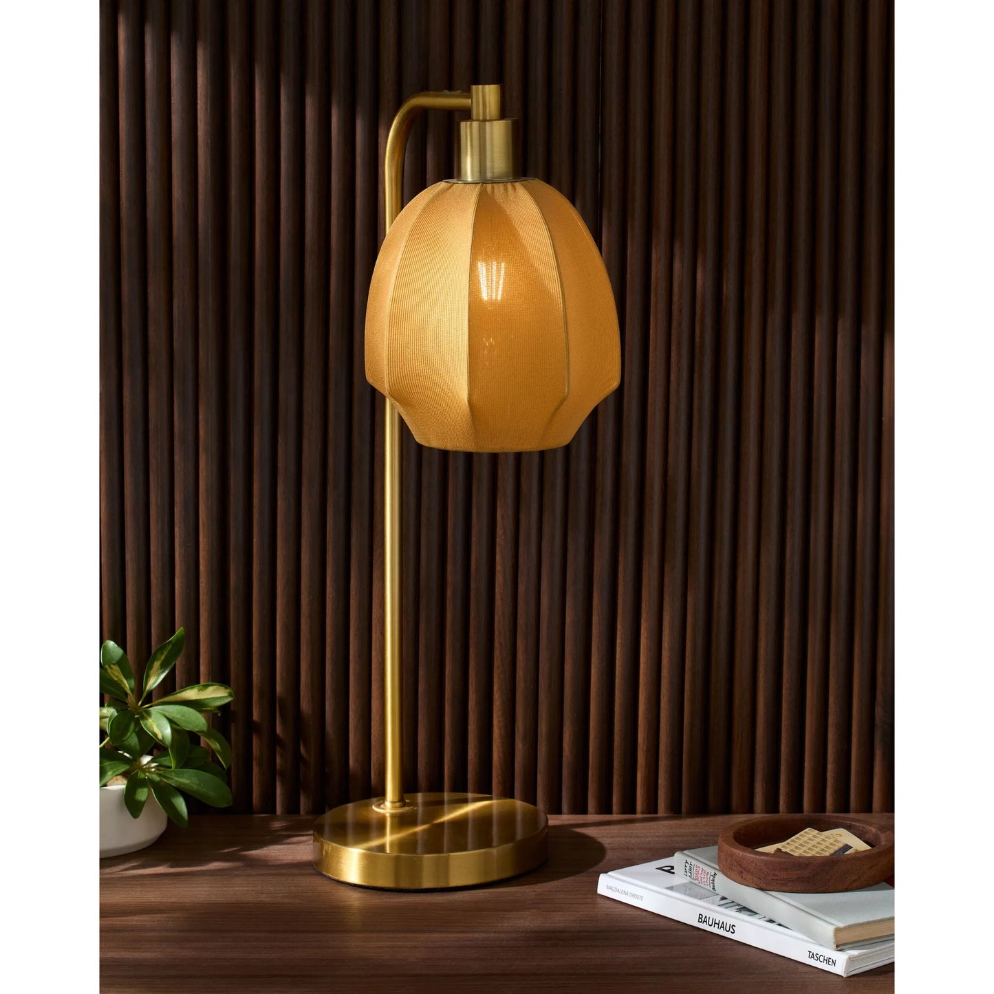 002 SI-2349609 | Lifestyle | Nokomis Task Table Lamp by Livabliss in body: metallic - gold; base: metallic - gold; shade: yellow; cord: translucent and plated. Made from iron, linen in a transitional style.