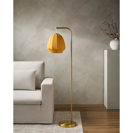 Nokomis Floor Lamp by Livabliss in body: metallic - gold; base: metallic - gold; shade: yellow; cord: translucent and platedplated. Made from iron, linen in a transitional style.