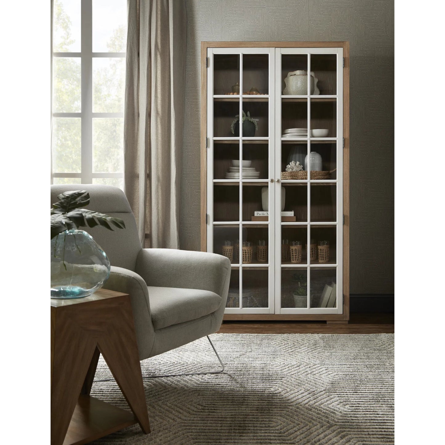 004 SI-2238732 | Lifestyle | Contemporary 5-Shelf Glass Door Bookcase by Pulaski Furniture in natural wood, white. Made from oak wood veneers in a unique style.