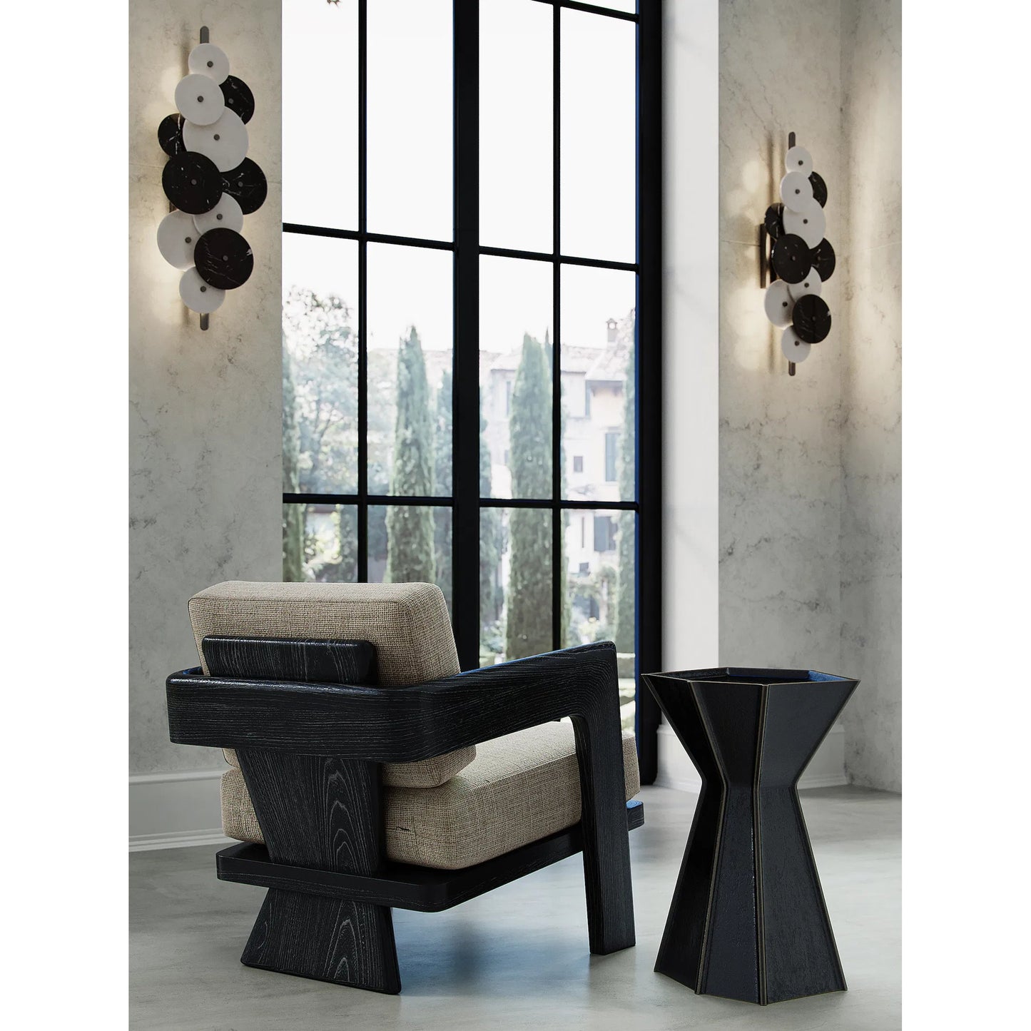 013 SI-2133964 | Lifestyle | Inyo Wall Sconce by Currey and Company in natural, satin black. Made from alabaster, marble, metal in a modern style.