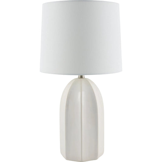 Nolan Accent Table Lamp by Livabliss in body: cream; shade: white; finial: metallic - nickel; harp: metallic - nickel; cord: translucent and electroplated, glazed. Made from ceramic, linen, plastic, iron in a transitional st