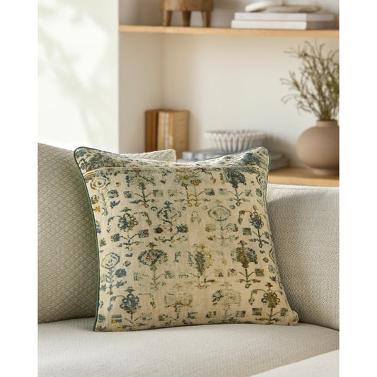 Nelly Accent Pillow by Livabliss in beige, olive green, mustard yellow, sky blue, rust red. Made from cotton in a traditional style.