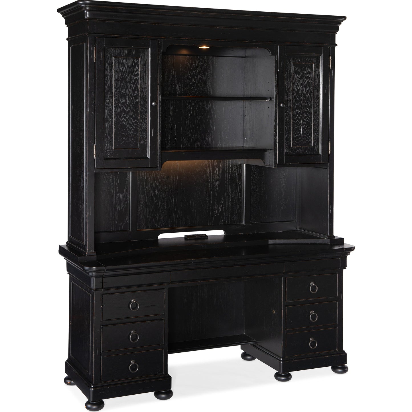 003 SI-1748466 | Additional Silo | Bristowe Credenza Hutch by Hooker Furniture in tuxedo black. Made from pecan veneers in a unique style.