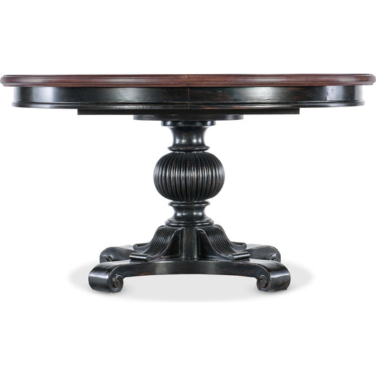 Charleston Round Pedestal Dining Table by Hooker Furniture in black cherry, maraschino cherry. Made from cherry veneers with resin, solid-wood edge top in a traditional style.