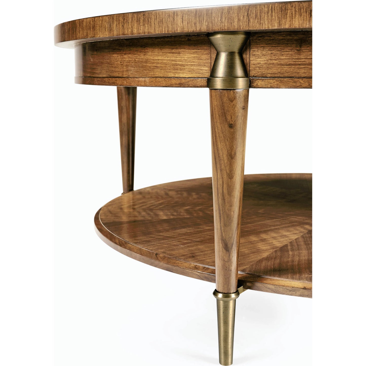 007 SI-1991099 | Closeup | Toulouse Round Cocktail Table by Jonathan Charles in walnut. Made from walnut quarter figured veneer in a modern style.
