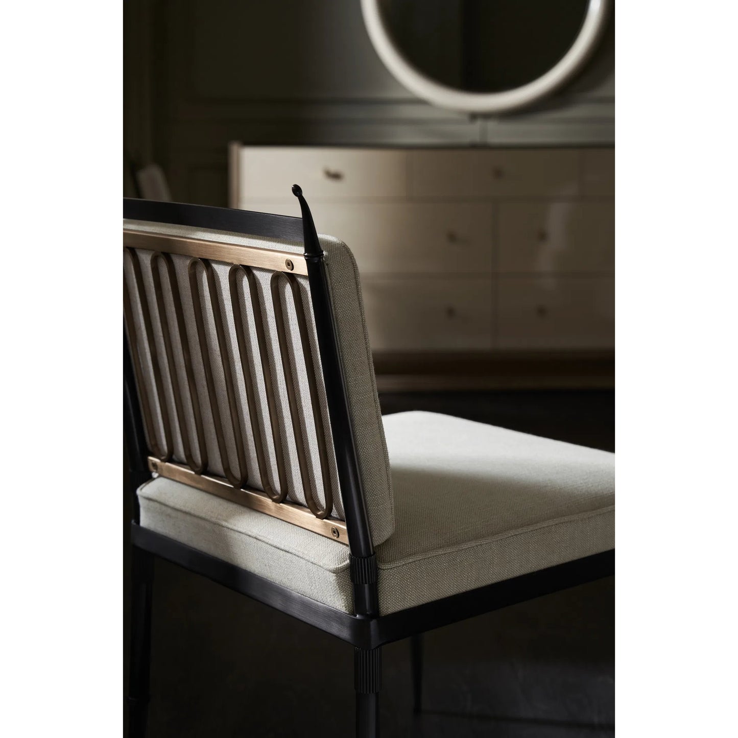 004 SI-2162974 | Lifestyle | Athena Side Chair by Caracole in linen, gold and graphite, brushed gold. Made from metal in a transitional style.