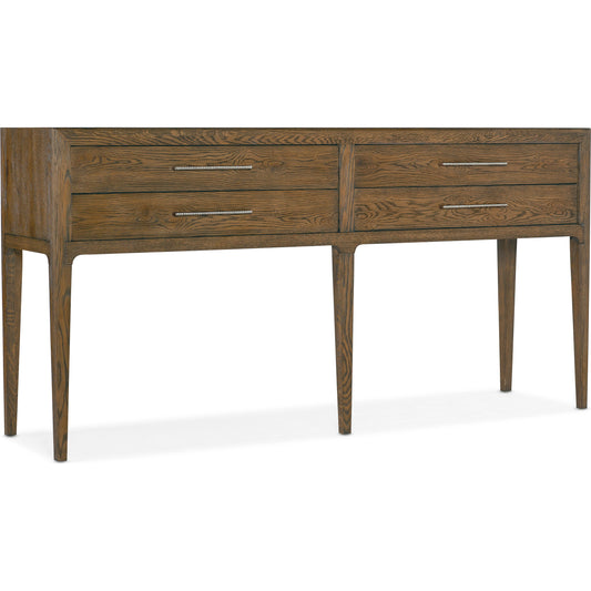 Chapman Sideboard by Hooker Furniture in sorrel. Made from white oak veneers, honed silver travertine stone veneers in a modern style.