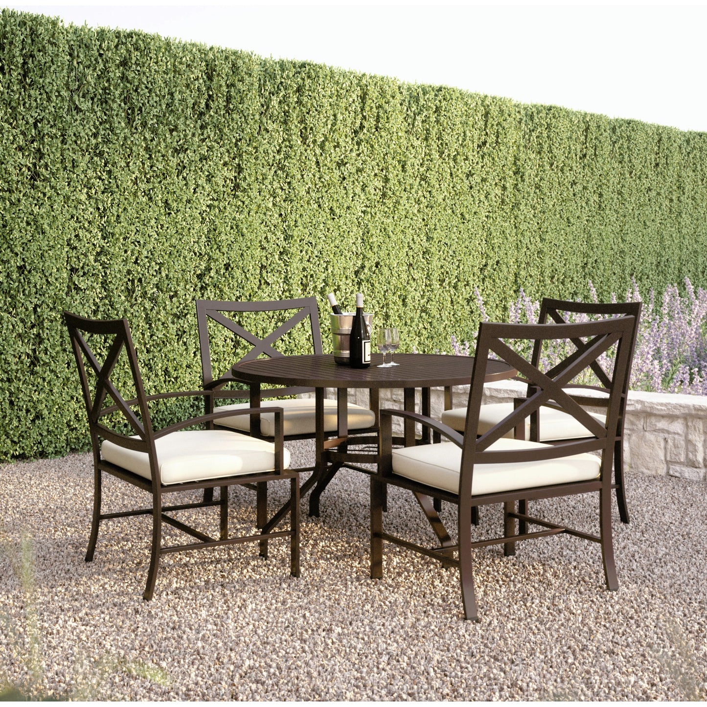 004 SI-2167011 | Lifestyle | La Outdoor Jolla 48" Round Dining Table by Sunset West in espresso. Made from aluminum in a modern style.