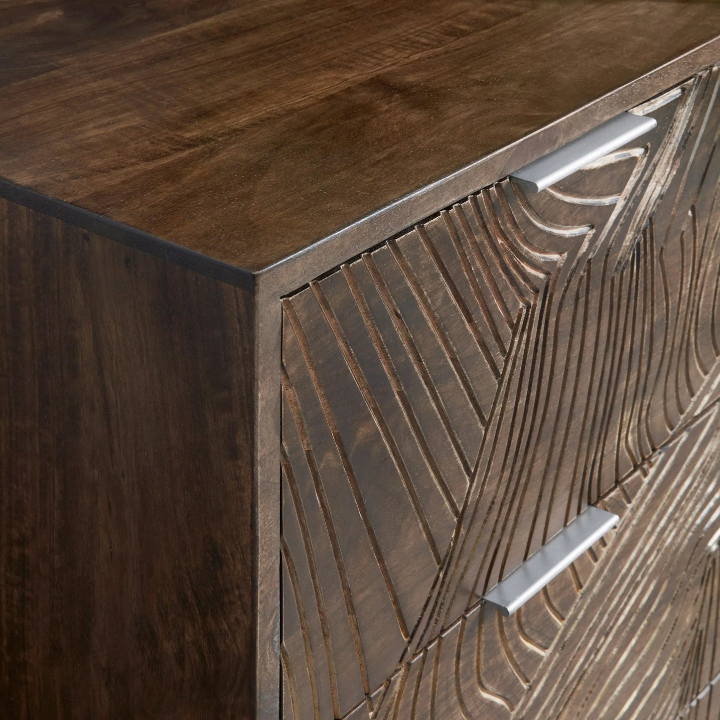 003 SI-2238768 | Closeup | Rustic 3-Drawer Accent Chest by Pulaski Furniture in earthy brown. Made from mango wood in a unique style.
