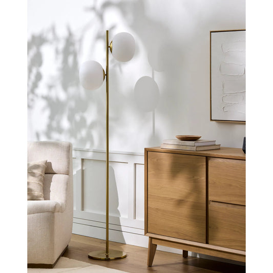Nissi Floor Lamp - 532398 by Livabliss in body: metallic - brass, base: metallic - brass, shade: white, cord: translucent and platedplated. Made from iron, glass in a modern style.