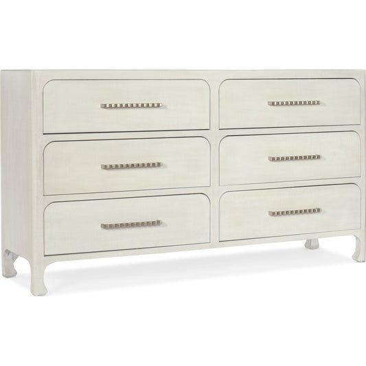 Serenity Dresser by Hooker Furniture in sand dollar, champagne. Made from wood, raffia, cedar, felt in a modern style.