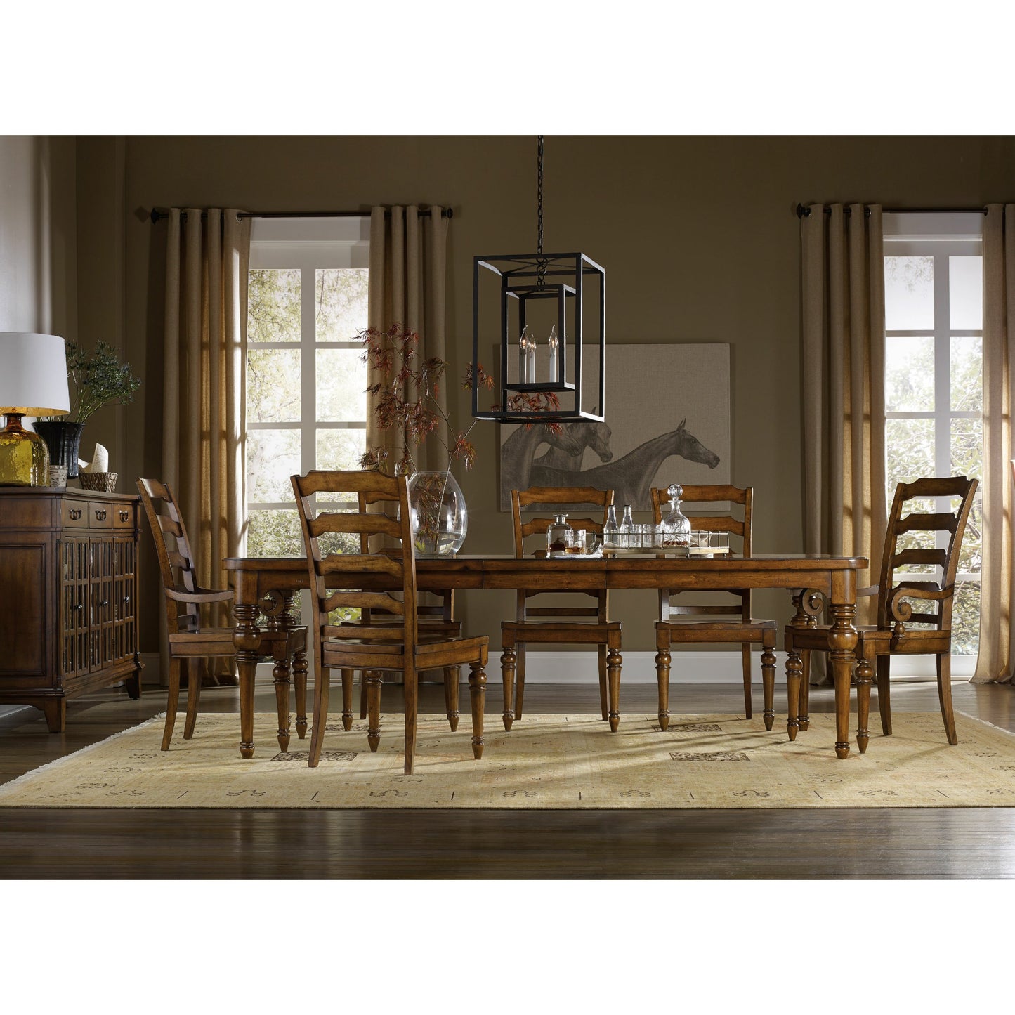 002 SI-1749945 | Lifestyle | Tynecastle Ladderback Side Chair (Set of 2) by Hooker Furniture in chestnut. Made from alder veneers in a traditional style.