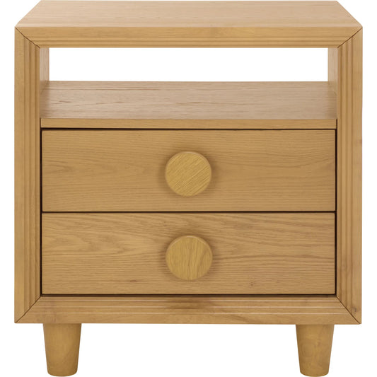 Treasure 2 Drawer Nightstand by HedgeApple Essentials. Made from mdf, oak veneer, plywood, solid wood iron in a transitional style.