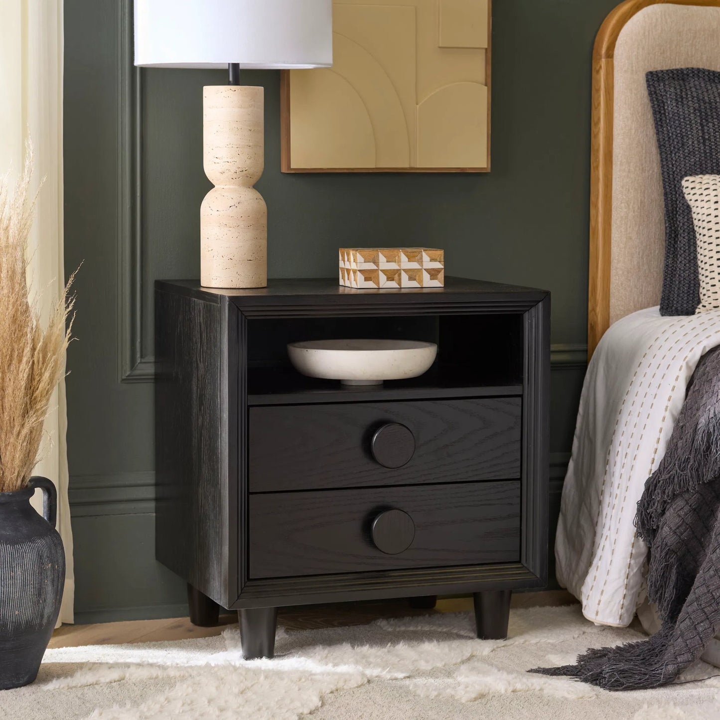 022 SI-2454014 | Lifestyle | Treasure 2 Drawer Nightstand by HedgeApple Essentials. Made from mdf, oak veneer, plywood, solid wood iron in a transitional style.