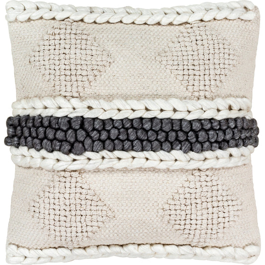 Anton NTO-002 Pillow by Surya in light beige, charcoal, white. Made from 70% cotton, 15% viscose, 15% wool, 100% cotton in a eclectic & global style.