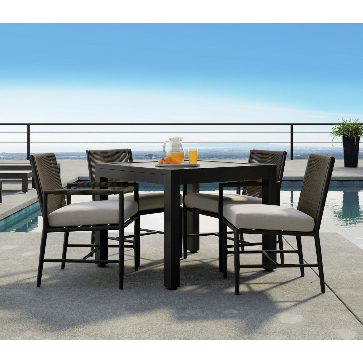 004 SI-2166679 | Lifestyle | Vegas Outdoor Square 36" Dining Table by Sunset West in graphite. Made from aluminum in a modern style.