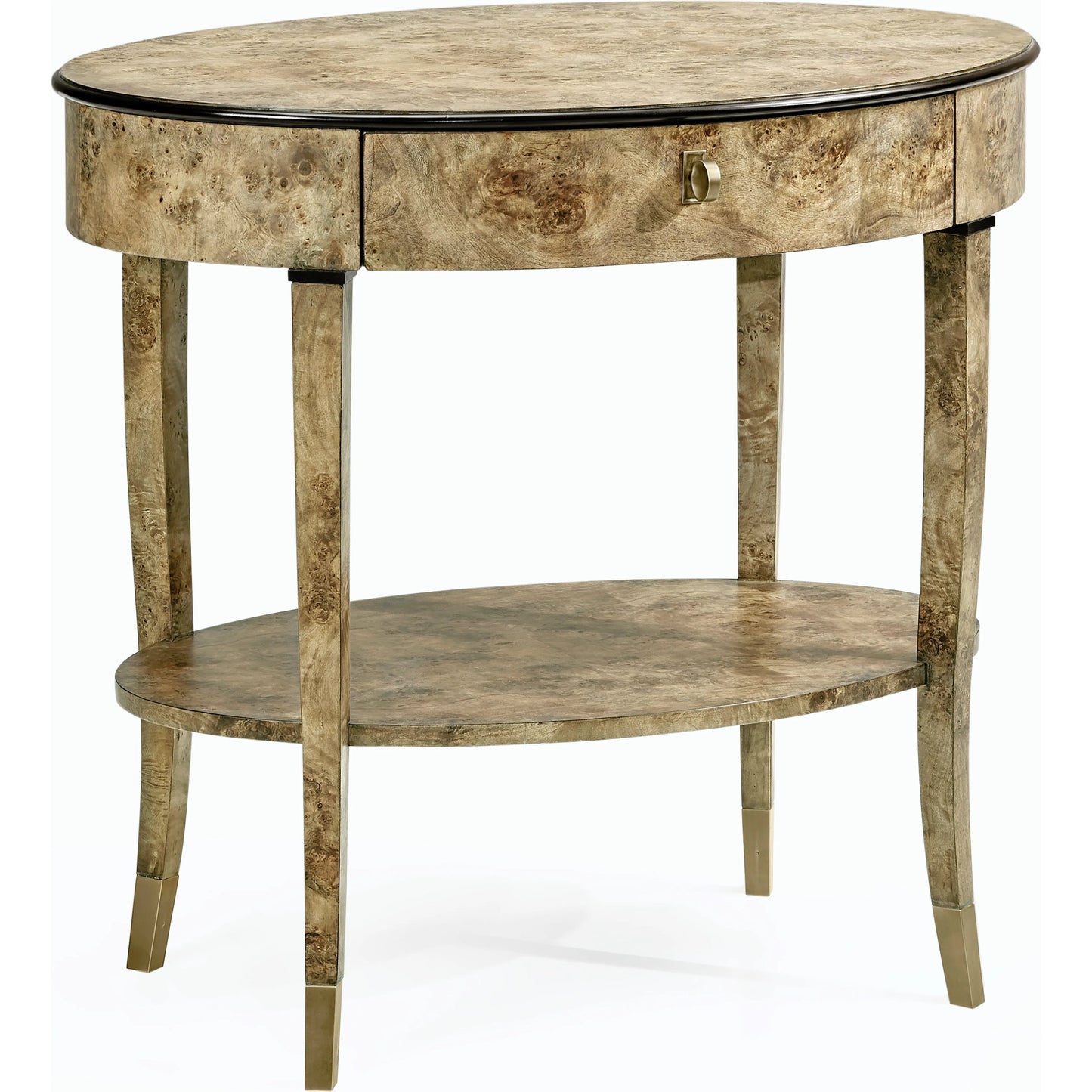 001 SR-846932 | Primary Silo | Hamilton Oval Golden Amber Burr Bedside Table by Jonathan Charles in brown and golden amber burr. Made from burl veneer in a transitional style.
