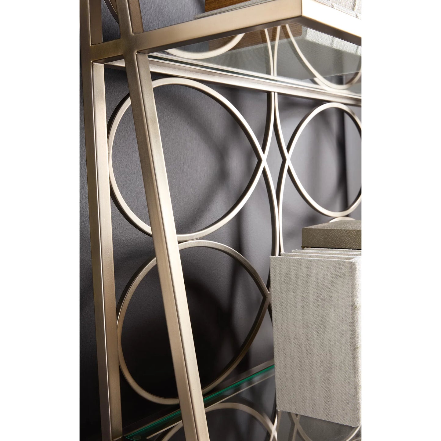 003 SI-2353993 | Closeup | Melange Flourish Etagere by Hooker Furniture in light wood and polished limestone. Made from steel, oak veneers, glass in a transitional style.
