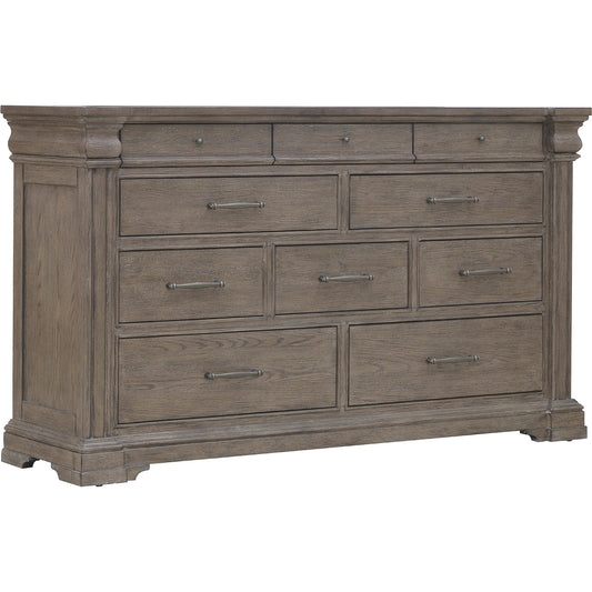 Madison Ridge 10 Drawer Dresser by Pulaski Furniture in natural bark. Made from flat-cut white oak wood veneers in a transitional style.