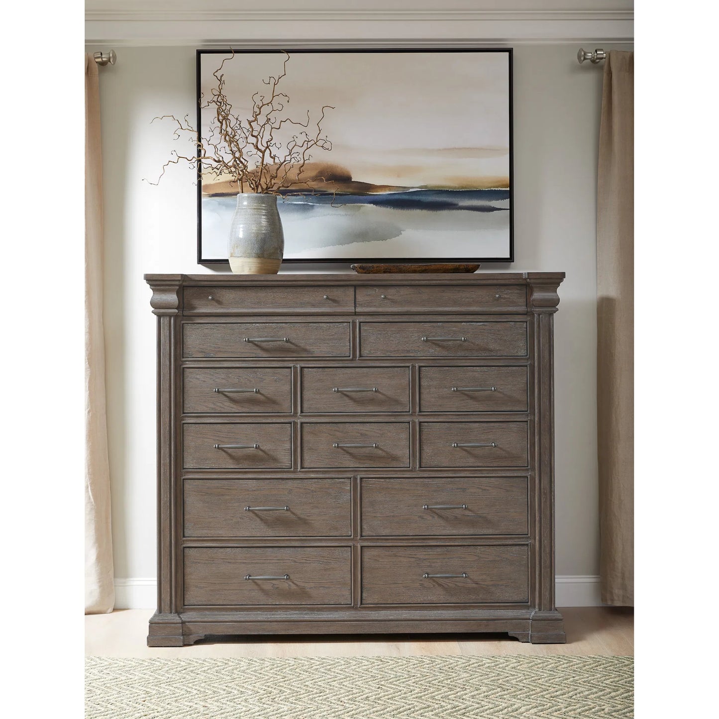 006 SI-2383583 | Lifestyle | Madison Ridge 14 Drawer Master Chest by Pulaski Furniture in natural bark. Made from flat-cut white oak wood veneers in a unique style.