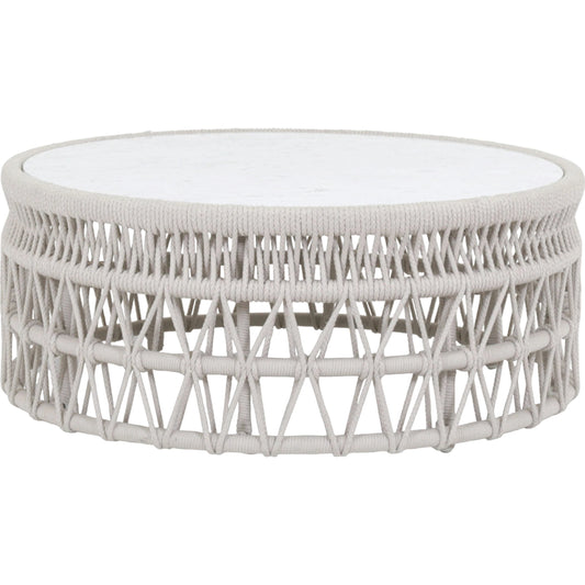 Dana Outdoor Coffee Table with Marble Top by Sunset West in natural. Made from olefin rope in a coastal style.