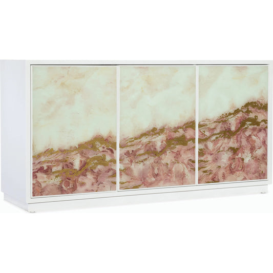 Camaraderie Credenza by Hooker Furniture in whites, creams, beiges and white exterior. Made from maple veneer, tempered glass in a modern style.