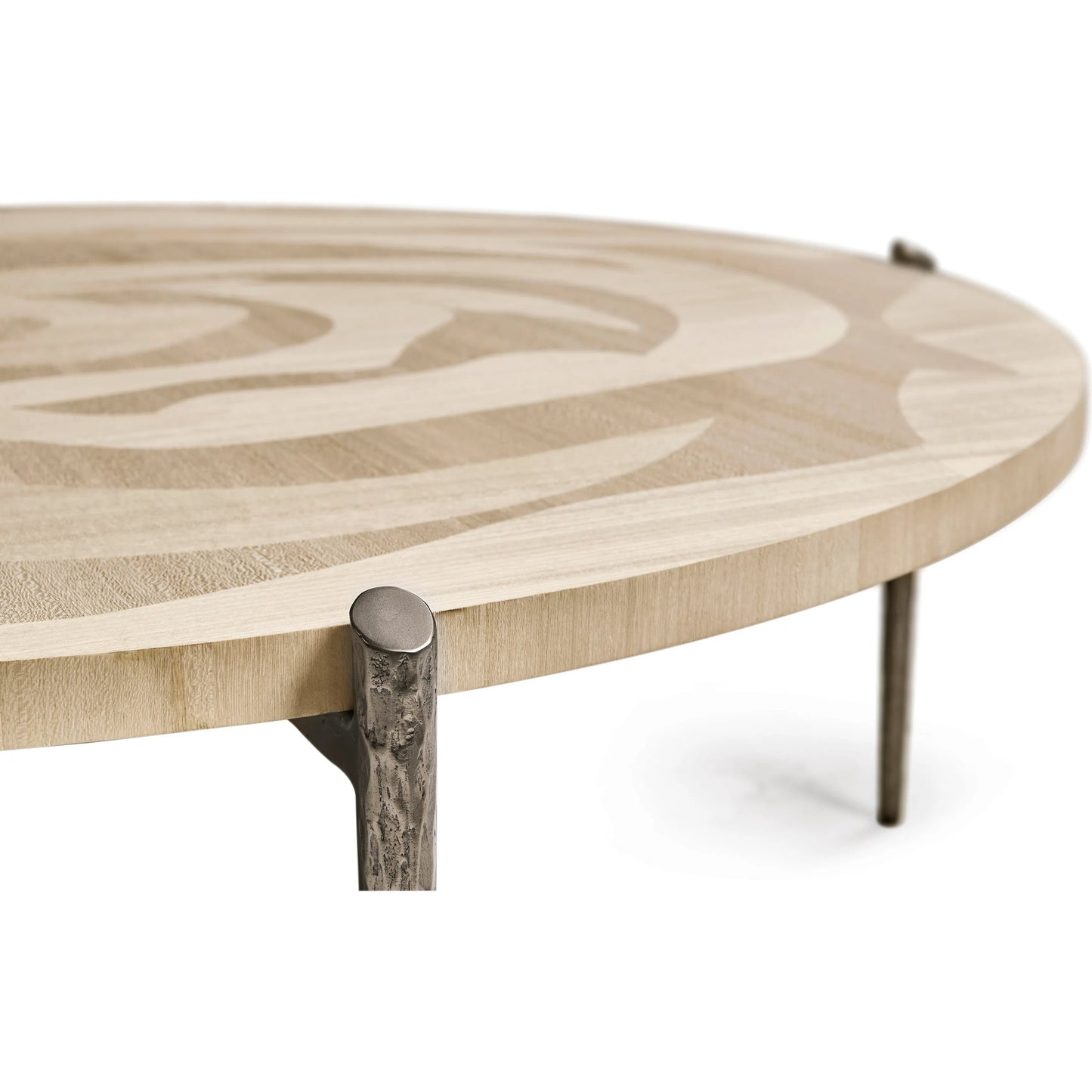 008 SI-2252665 | Closeup | Tidepool Round Cocktail Table by Jonathan Charles in beige and natural dyed koto. Made from koto veneer, stainless steel in a transitional style.