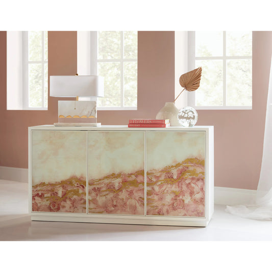 Camaraderie Credenza by Hooker Furniture in whites, creams, beiges and white exterior. Made from maple veneer, tempered glass in a modern style.